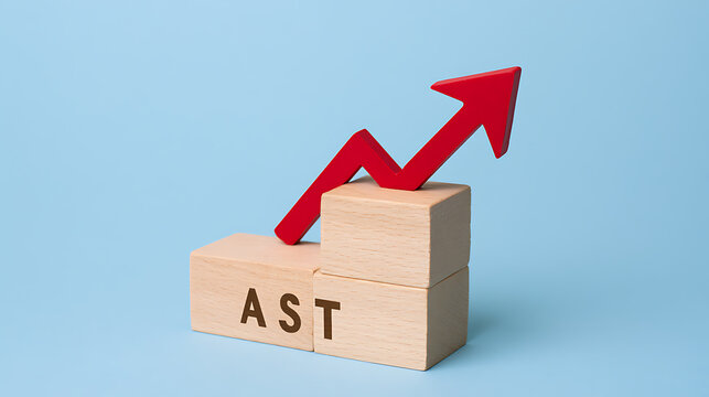 Wooden blocks with AST text and red upward arrow chart symbolizing financial growth, business success, and positive market trend isolated