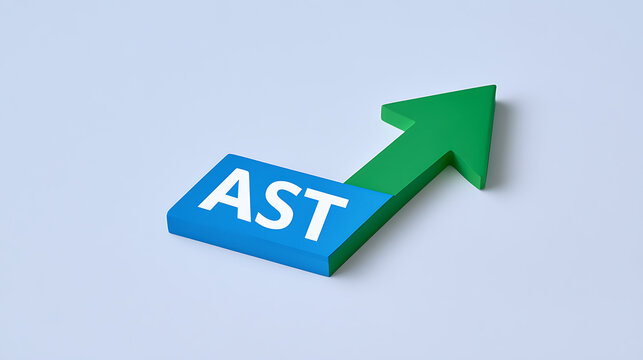 Green growth arrow pointing up with text AST on blue base against white background, symbolizing business success, profit, and financial rise