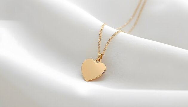 A gold heart pendant necklace on a delicate chain resting on soft white fabric