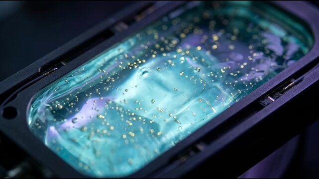 Space communications materials appear as translucent icy-cyan dielectric gel with tiny suspended abstract material background