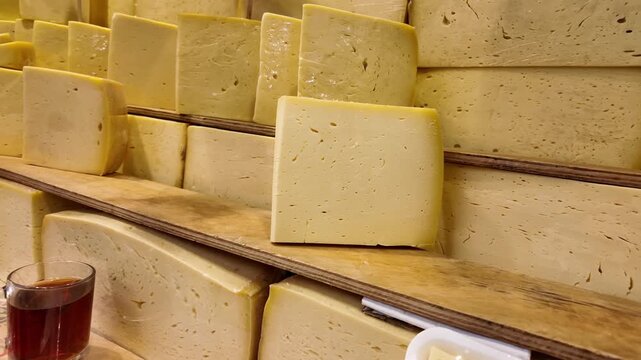 Rows of cheese displayed in market stall, close up, food and drink