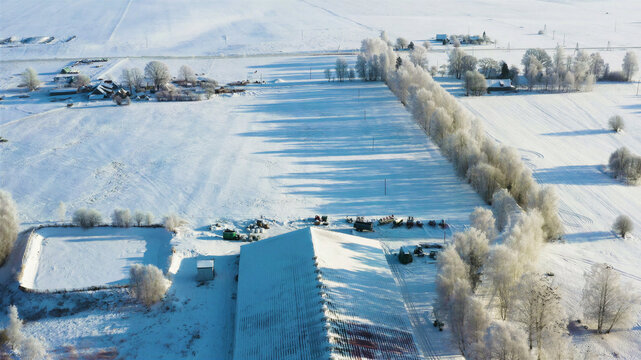 Aerial view of a snow-covered farmstead with a large barn, frozen pond, and a row of frost-covered trees in Latvia.