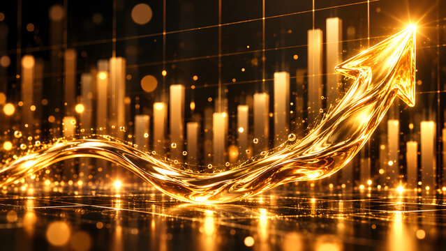 Glowing golden financial chart showing exponential business growth and upward market trends with dynamic lighting effects and digital prosperity elements