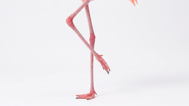 A graceful flamingo's slender pink legs and webbed feet are captured mid-stride, showcasing delicate joints and vibrant avian hues against a stark transparent backdrop.