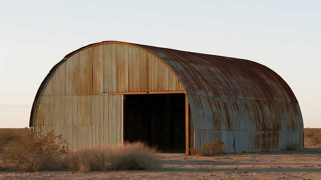 An old rusted metal quonset hut structure sits alone in a barren desert landscape under clear sky during daylight hours in arid region