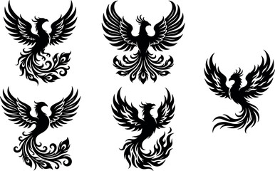 Fototapeta premium Majestic phoenix silhouette vector set featuring black mythical firebird icons with ornate wings and swirls for fantasy tattoo design layout