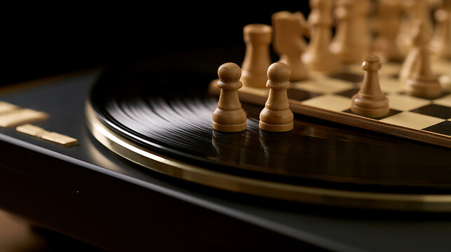 A wooden chessboard with pieces rests on top of a spinning black vinyl record player turntable, creating an artistic and creative concept