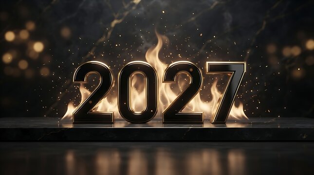 Golden 2027 New Year numbers with fire flames on a dark marble background