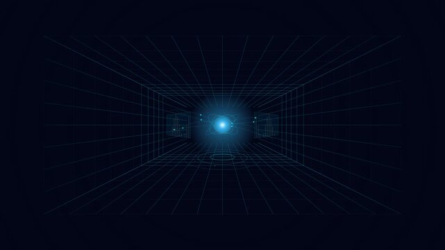 A futuristic artificial intelligence command center inside a digital wireframe room featuring a glowing AI core, holographic interfaces, data streams, and advanced control system visualization. Ideal 