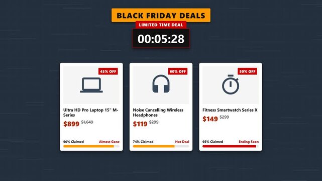 High-urgency marketplace motion graphic featuring product cards, dynamic deal progress bars, a ticking countdown timer, and a final burst promo in a functional e-commerce style.