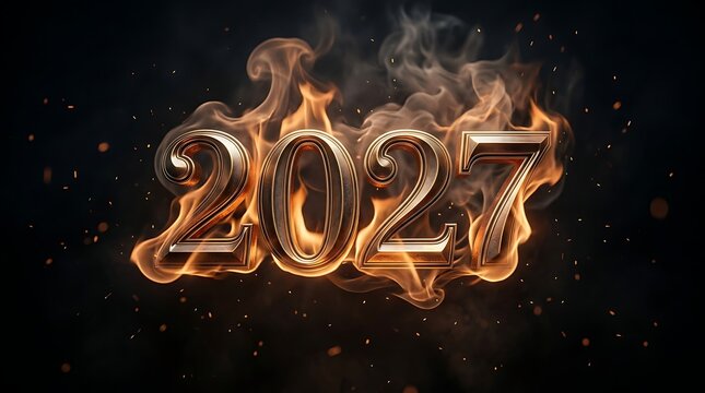 2027 metallic year number design with fiery flames for new year celebration