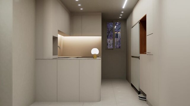 Modern minimalist kitchen interior with warm lighting and island counter, 3D rendering