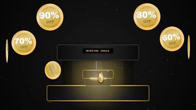 Premium cinematic Black Friday animation featuring a futuristic gold minting machine. A heavy hydraulic press stamps out golden discount coins that shoot outward to form a pristine, zero-overlap Mega 