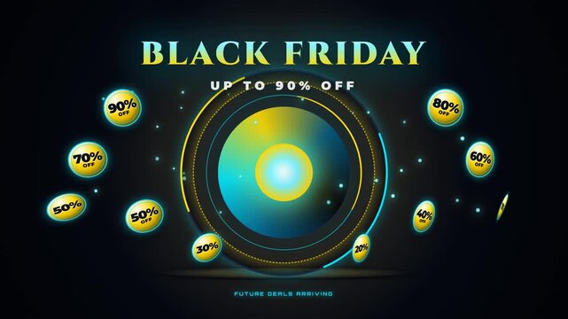 Animasi 16:9 mesin waktu futuristik sci-fi luxury emas dan cyan yang membawa koin diskon Black Friday 20%-90% OFF langsung dari masa depan.