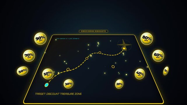 Premium cinematic Black Friday animation featuring a futuristic luxury treasure map. The map activates, charting a glowing path to uncover discount coins up to 90%, culminating in a massive gold burst