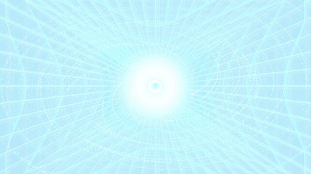 A futuristic digital environment where a wireframe grid room bends and collapses into a glowing singularity core. Featuring spatial distortion, energy compression, and particle vortex effects for quan