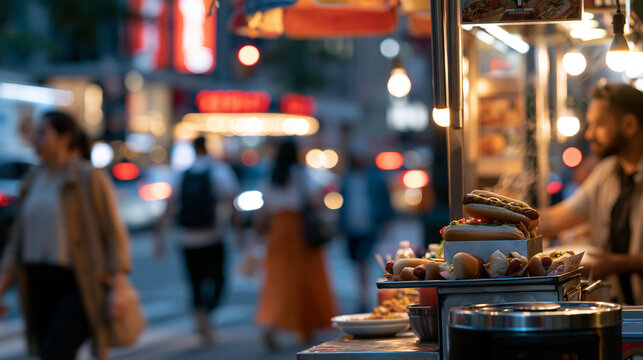 Hot dog cart street vendor with defocused pedestrians walking by during nighttime in a bustling city, urban street food scene, with copy space