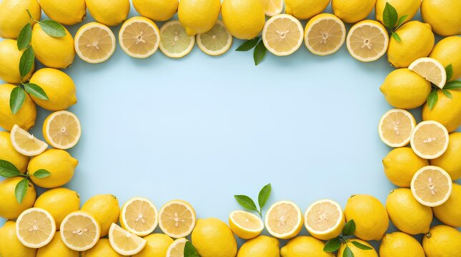 Fresh lemon slices arranged in decorative frame shape on light background
