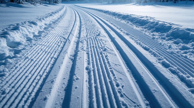 Freshly groomed cross country ski tracks curve through deep white snow in winter forest. Parallel grooves, classic ski lanes stretch into distance under cold blue twilight light. Pristine winter