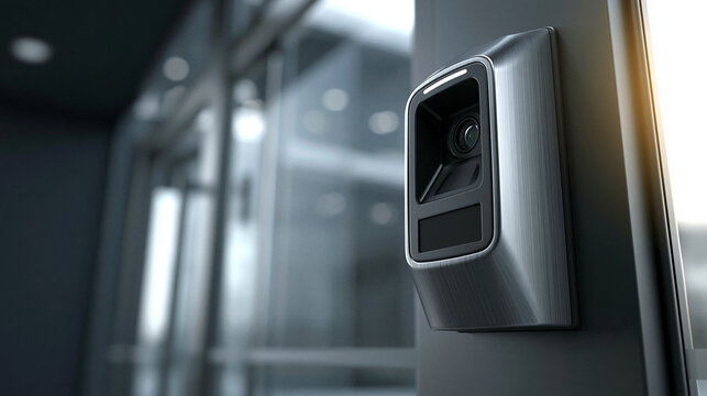 Sleek biometric security wall reader with polished steel housing monitors secure building access for office entrances.
