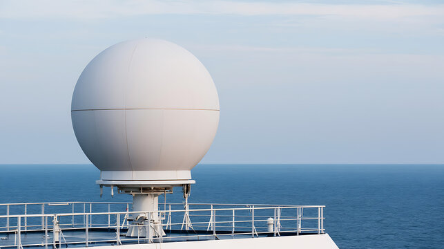 White radar dome satellite communication antenna mounted on a ship deck against blue ocean and clear sky background for maritime concepts