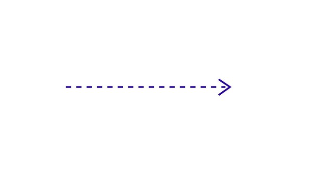 Right arrow direction icon with blue dashed arrow motion on white background. Clean corporate direction animation 4k. Dotted line arrows icon sign animated with alpha channel. Blue straight arrows.