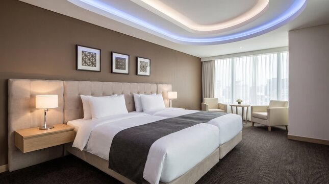 Modern luxury hotel room interior with comfortable twin beds and elegant ceiling lighting