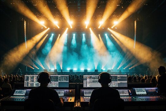Sound engineers operate mixing consoles and monitors during a live concert. Crew controls stage lighting and audio for the audience. Technical team manages the show from the back of the venue.