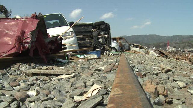 Vehicles Strewn Across Railway Tracks In Aftermath Of Tsunami In Japan