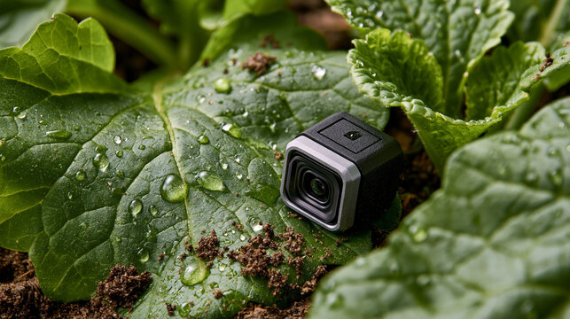 Small square camera lens resting on lush green leaf with water droplets and soil, exploring nature and technology.