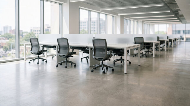 Open plan office with empty workstations and ergonomic chairs