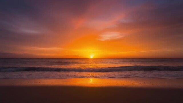 Triptych of a vibrant sunset over the ocean with soft waves.