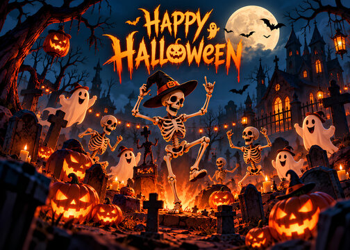 Happy halloween banner with skeletons ghosts and glowing pumpkins
