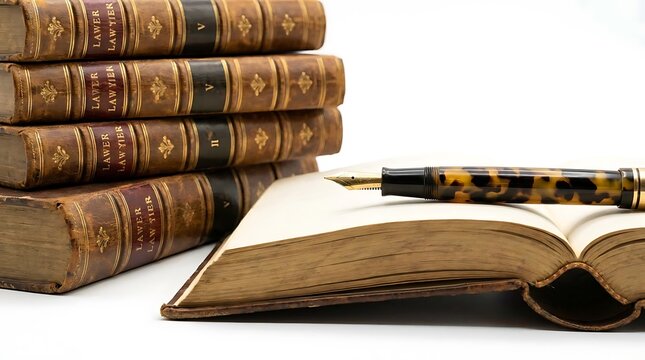 Antique law books and pen on open manuscript.