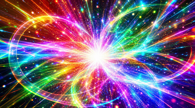 虹色のRGB発光リングが広がるパチンコ風演出のVFX背景
Pachinko-style RGB glowing rings and radiant light VFX background