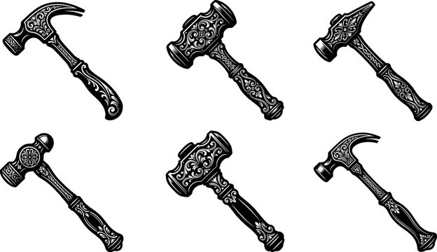 Ornate hammer silhouette vector set featuring black decorative mallet tools and vintage floral engraved handles for carpentry workshop graphic design'