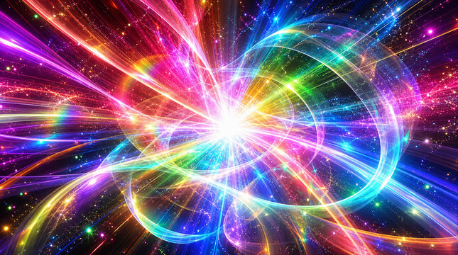 虹色のRGB発光リングが広がるパチンコ風演出のVFX背景
Pachinko-style RGB glowing rings and radiant light VFX background