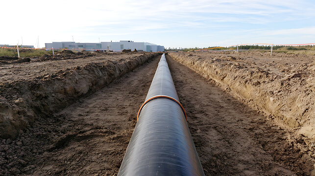 A long black utility pipe installed inside a deep dirt trench on an open construction site with an industrial background and clear sky
