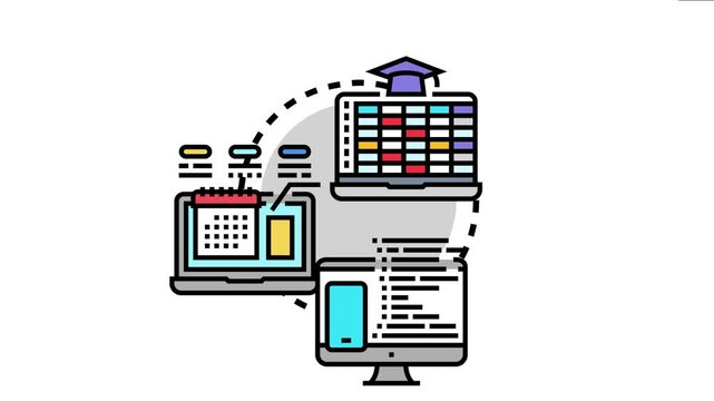 Mobile class scheduling concept various digital devices connecting to an online education platform for convenient learning, timetable management, and academic degree achievement