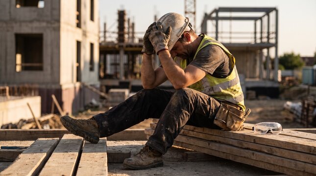 A visibly exhausted construction worker, head in hands, sits on wooden planks at a building site, embodying the heavy physical and mental toll of demanding labor