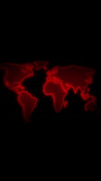 Red world map animation displays digital glitch effects Threat alerts flash on the active red world map animation Security telemetry routes on the red world map animation