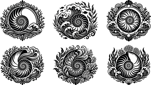Ornate nautilus shell vector icon set featuring decorative ocean wave frames coral elements and vintage baroque sea borders