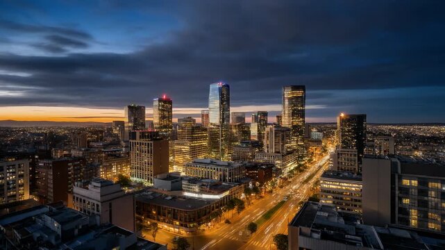 A triptych showcasing a cityscape at different times of day and light conditions.