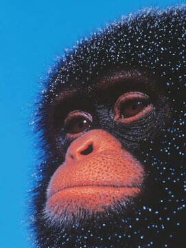 The image features a close up portrait of a primate with black fur and a distinctive orange face, set against a vibrant blue background