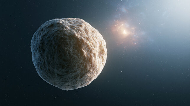 Spherical rocky asteroid floating in deep dark space near bright glowing star nebula for cosmic exploration visual media.