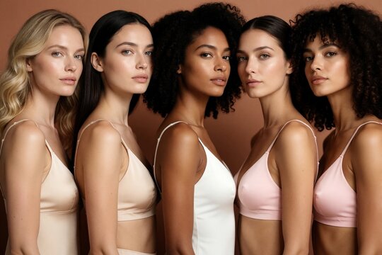 Five diverse women stand together wearing different colored bras. Group of multiethnic female models with various skin tones, hair types pose for portrait. Concept of body positivity, beauty, female