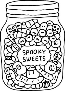 Glass jar full of Halloween candies and spooky sweets doodle line art vector illustration   