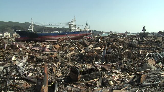 Ship Washed Ashore In Burnt Out Wasteland In Aftermath Of Tsunami In Japan
