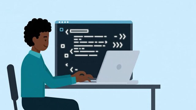 2D Animation of Young Man Sitting at Desk and Typing Code on Laptop