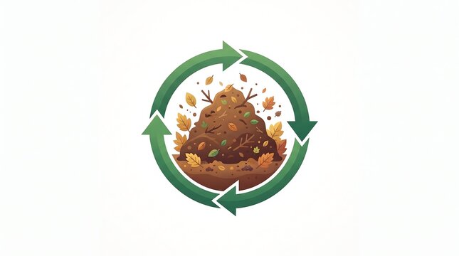 Compost pile vector illustration with recycling arrows encircling organic waste and fallen leaves